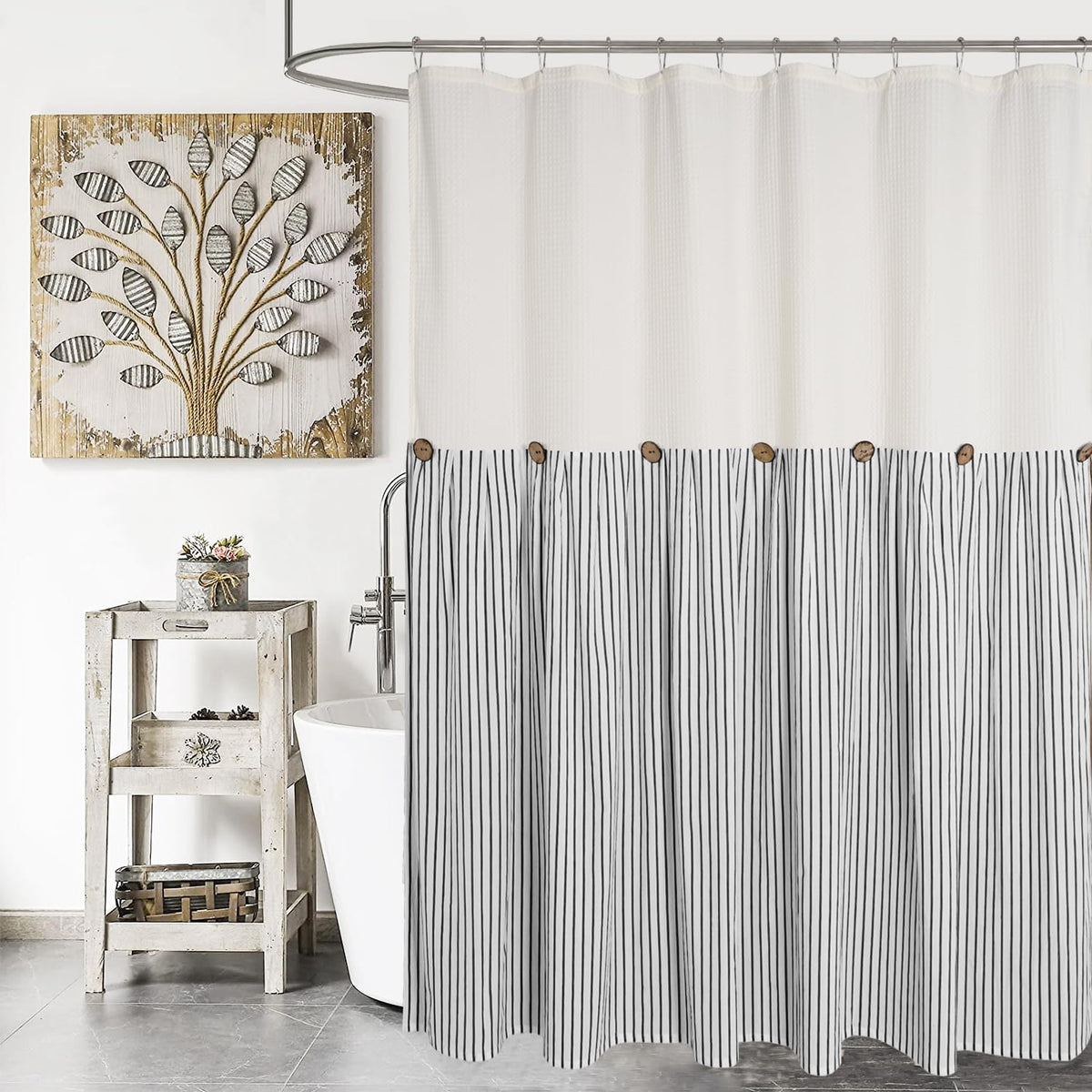 DOSLY IDÉES Farmhouse Shower Curtain,Beige and Gray Stripe,Button Curtain,Linen and Cotton Woven Fabric,Rustic Charm Country Chic Style,72x72 in