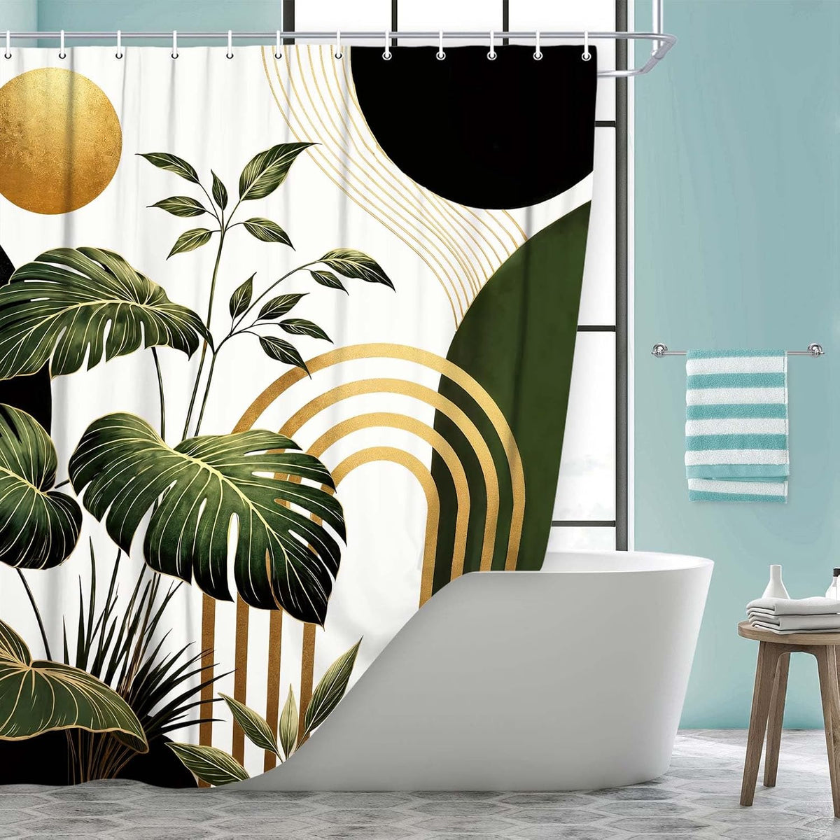 Bondjos Abstract Geometric Botanical Shower Curtain Mid Century Boho Tropical Gold Geometric Monstera Leaf Modern Minimalist Bathroom Curtain Modern Aesthetic Bath Accessories Art Home Decor