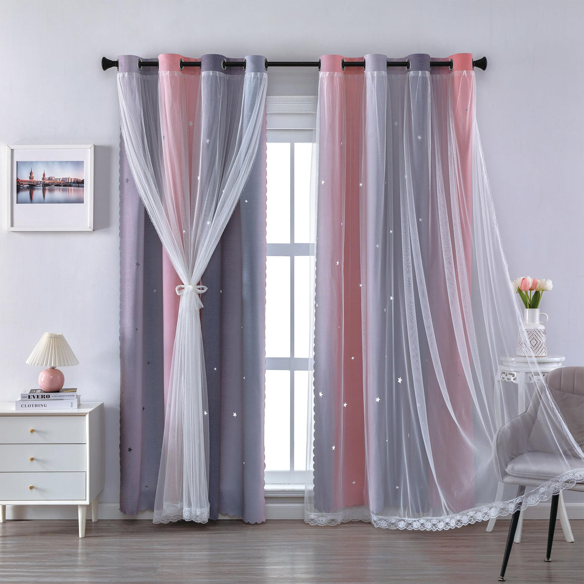 XiDi Blackout Curtains for Girls Bedroom Decor Pink Kids Rainbow Curtains