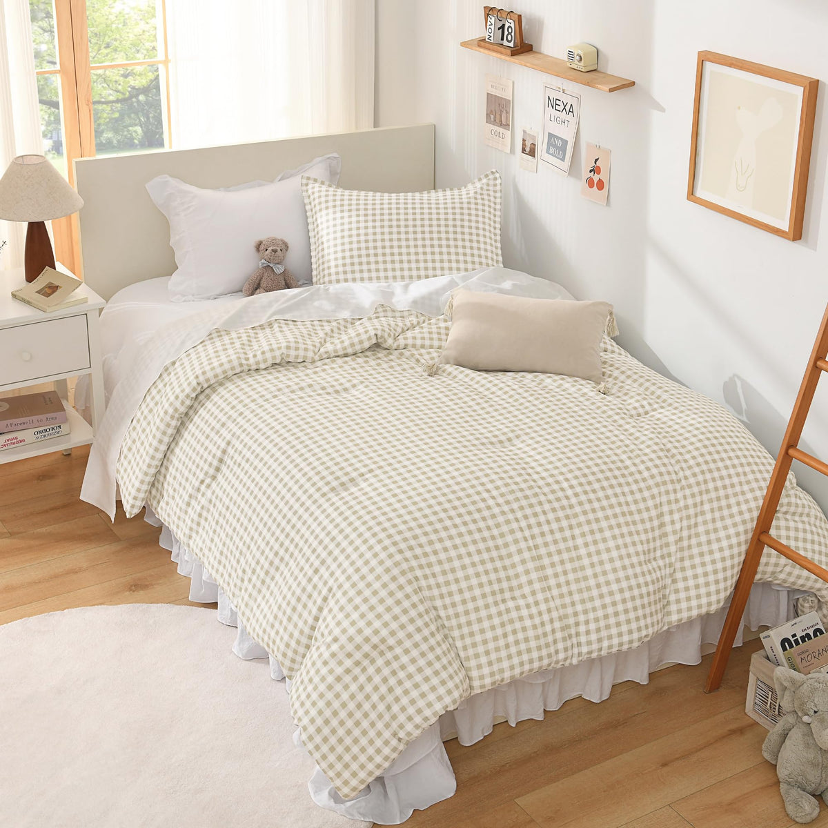 Andency Tan Gingham Comforter Set Twin, Brown Checkered Grid Plaid Bedding