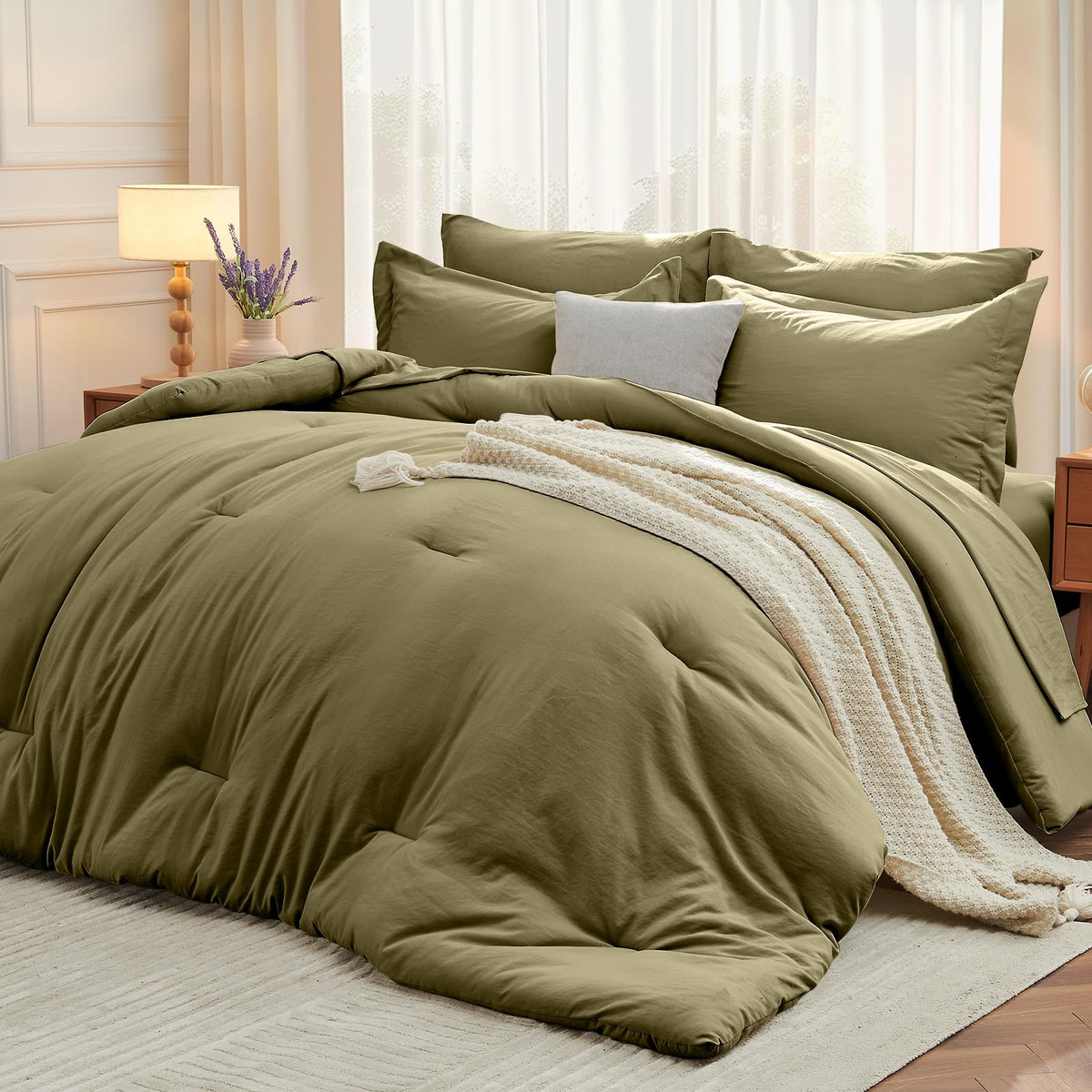 MUXHOMO Queen Comforter Set 7 Pieces, Soft Bed in a Bag, Beige