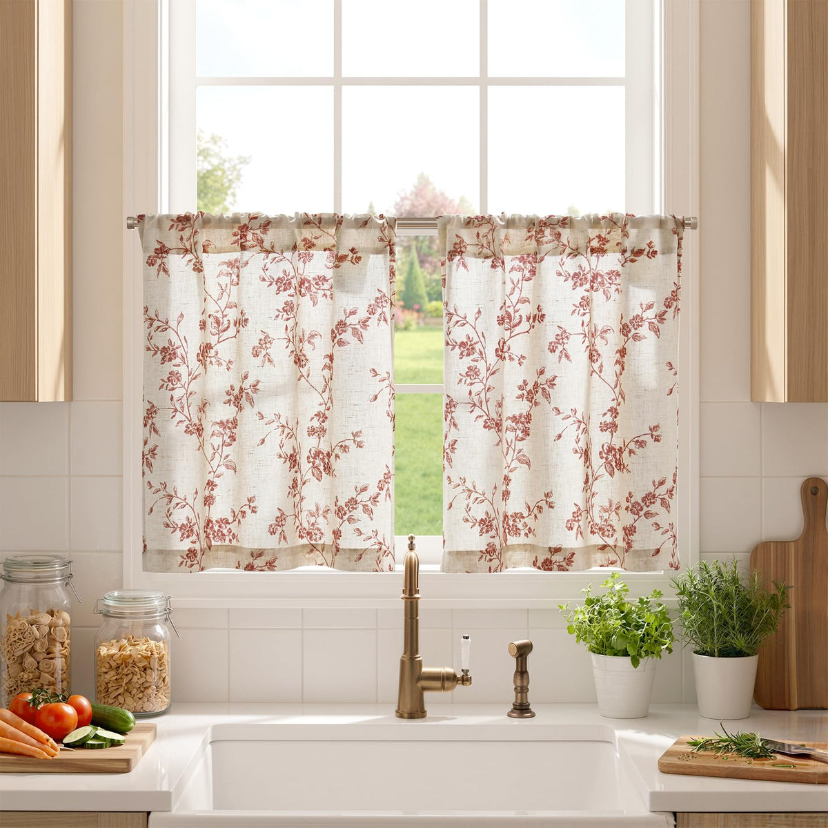 jinchan Floral Linen Kitchen Tier Curtains, 24 Inch, 2 Panels, Green