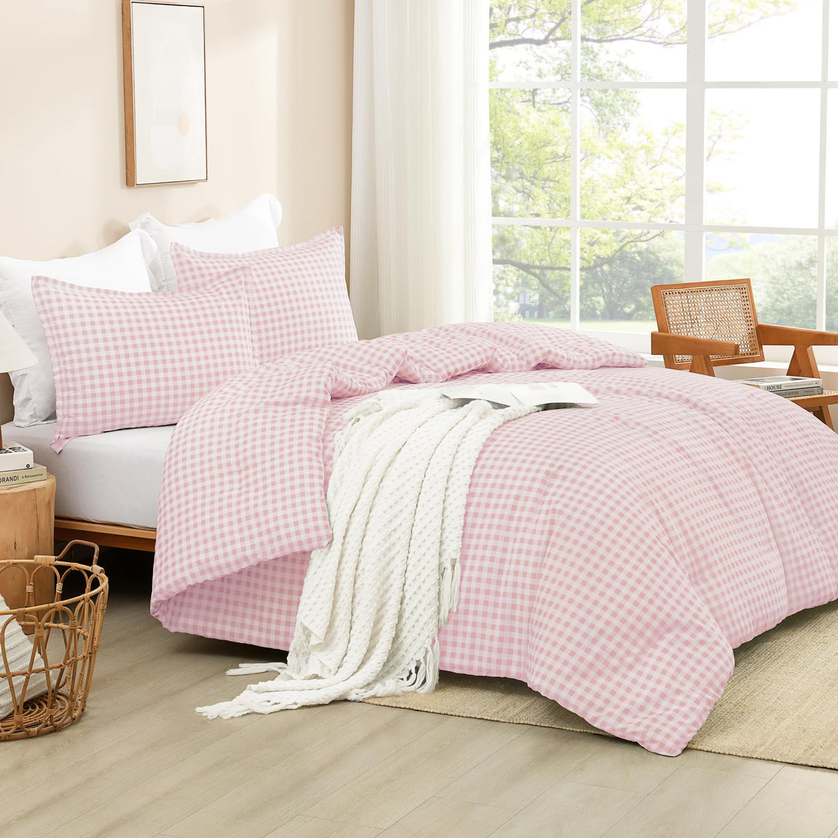 Andency Tan Gingham Comforter Set Twin, Brown Checkered Grid Plaid Bedding