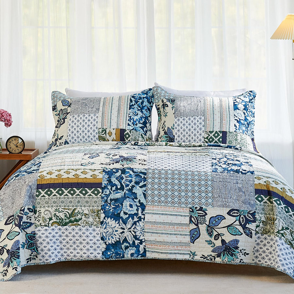 Secgo Queen Comforter Set for Bed - 100% Cotton Quilts Queen Size, Green, Sage Bedspreads (90 * 98 Inch) with 2 Pillow Shams, Patchwork Reversible Lightweight Bedding