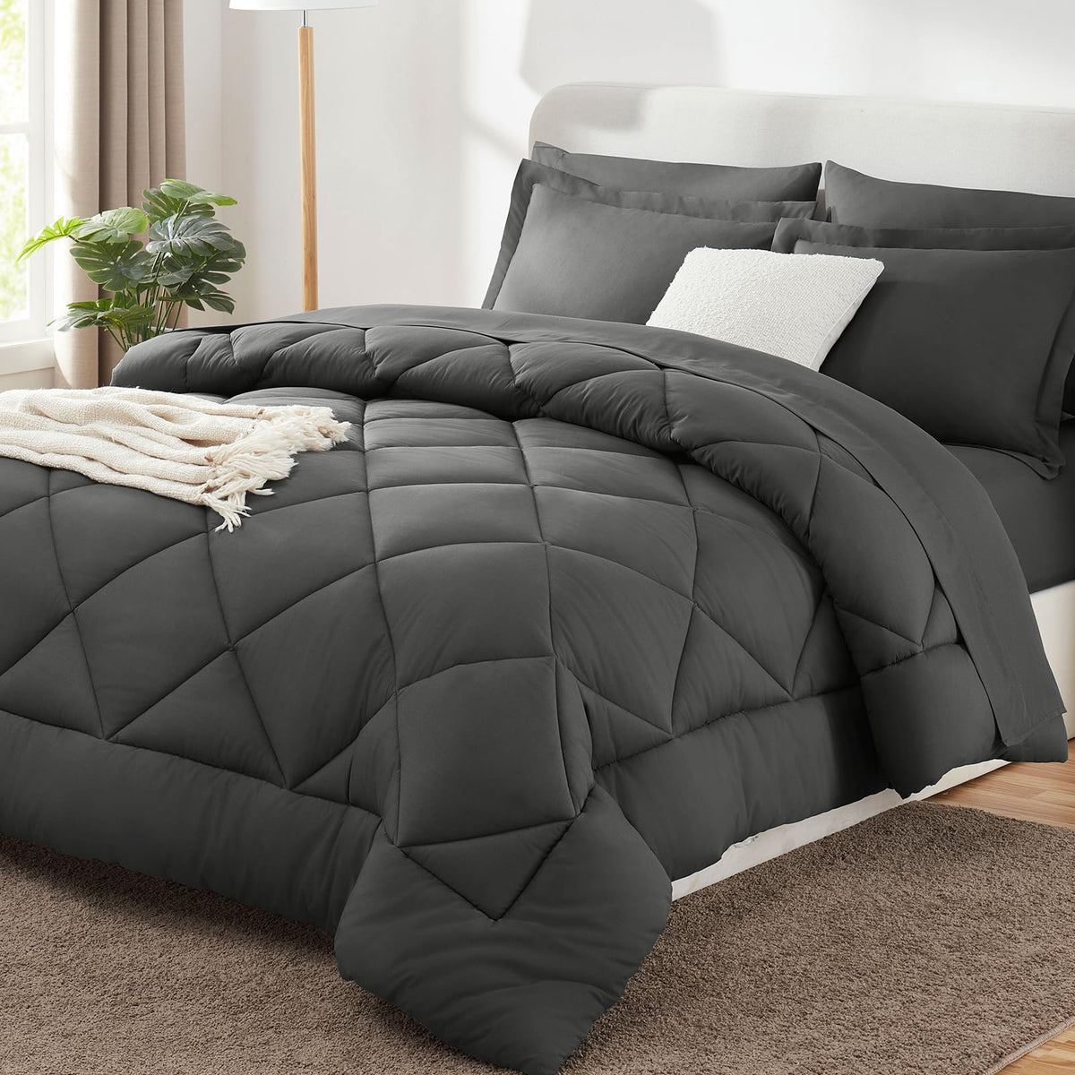 CozyLux Full Comforter Set 82"x86" Dark Grey - 7 Piece Bed in a Bag
