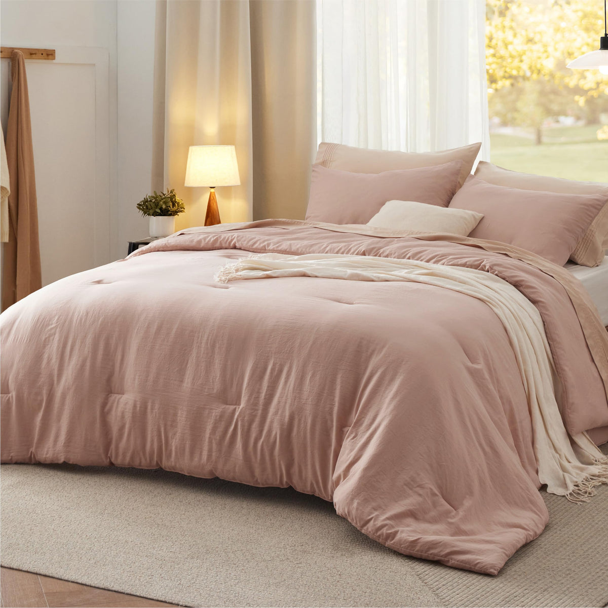 Bedsure Queen Comforter Set Prewashed Soft Bedding Set 3Pcs Beige 90"x90"