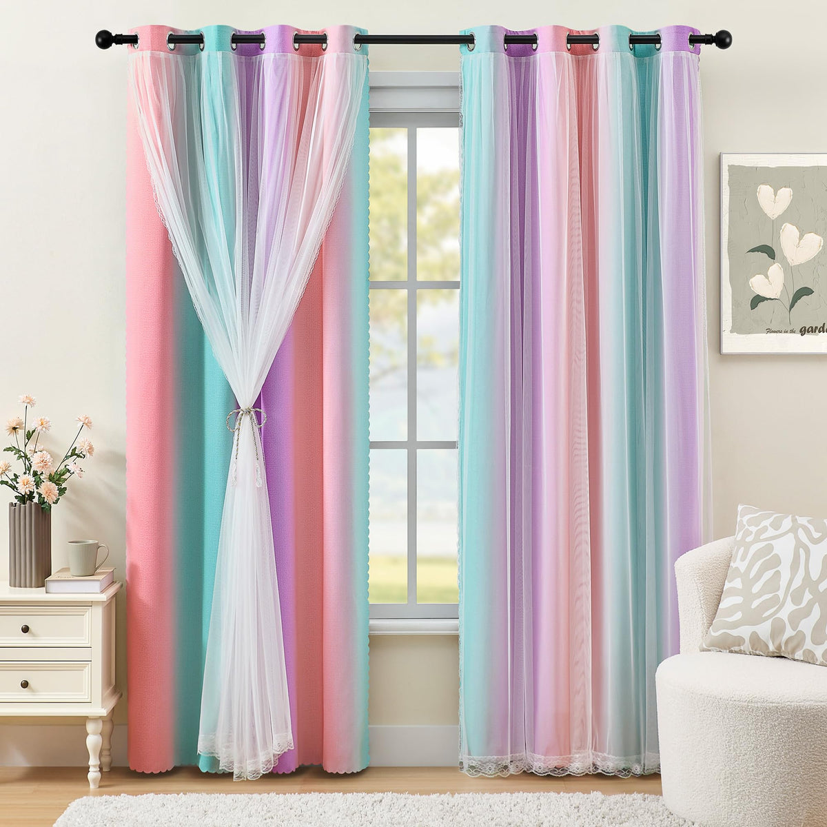 XiDi Blackout Curtains for Girls Bedroom Decor Pink Kids Rainbow Curtains