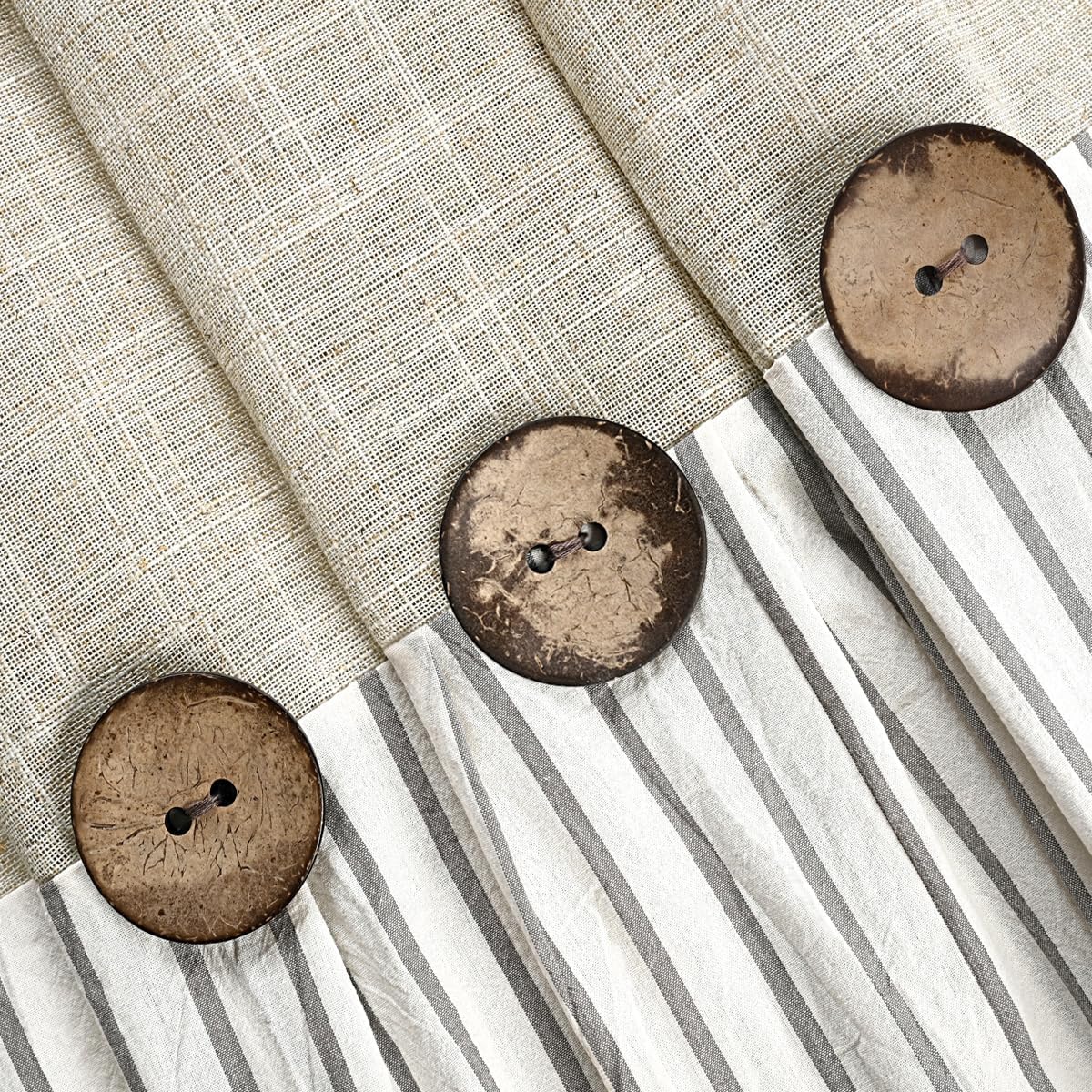 DOSLY IDÉES Farmhouse Shower Curtain,Beige and Gray Stripe,Button Curtain,Linen and Cotton Woven Fabric,Rustic Charm Country Chic Style,72x72 in