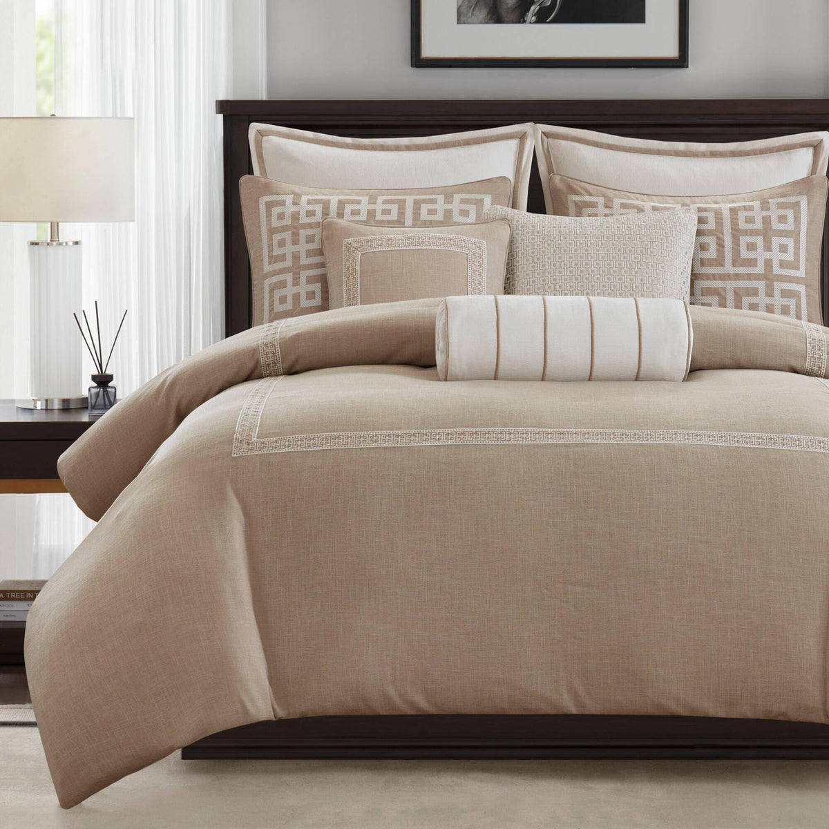 Madison Park Signature Oversized King Comforter Set, Luxury Hotel Style Bedding with Embroidered Details, All Season Down Alternative Comforter, Matching Shams & Decorative Pillows, Ivory/Tan, 9 Piece