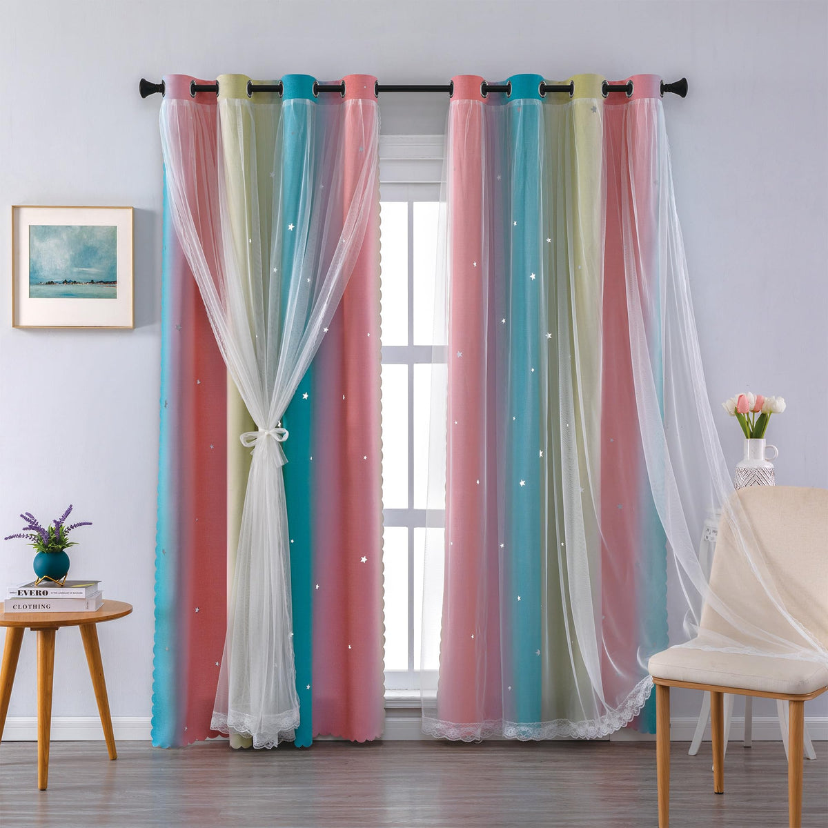 XiDi Blackout Curtains for Girls Bedroom Decor Pink Kids Rainbow Curtains