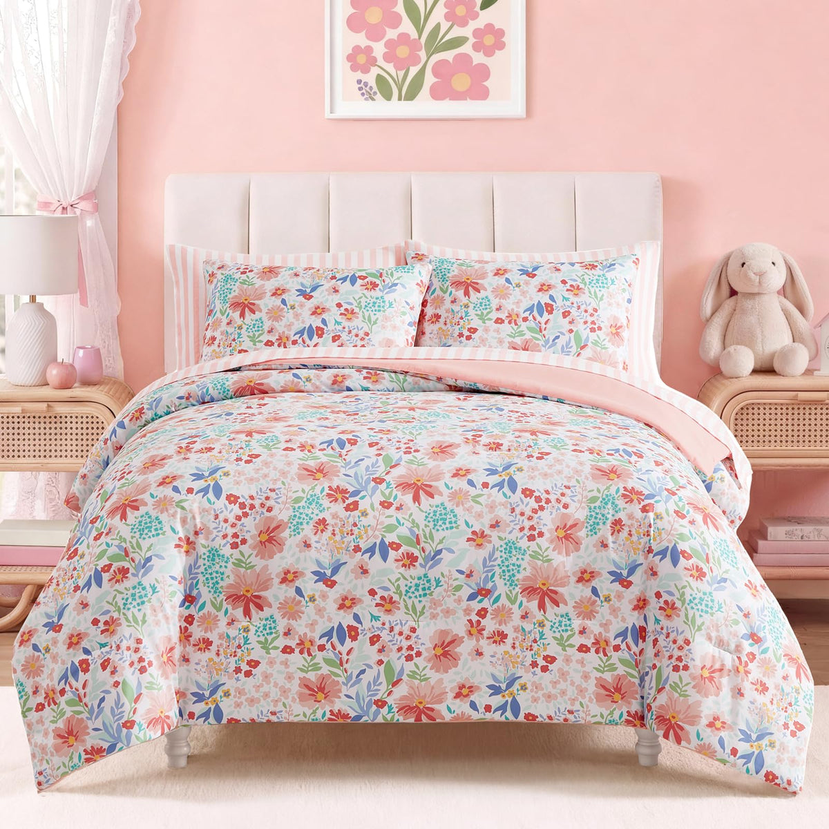 Twin XL Comforter Set for Girls Colorful Checkered Bed in a Bag 5 Pieces