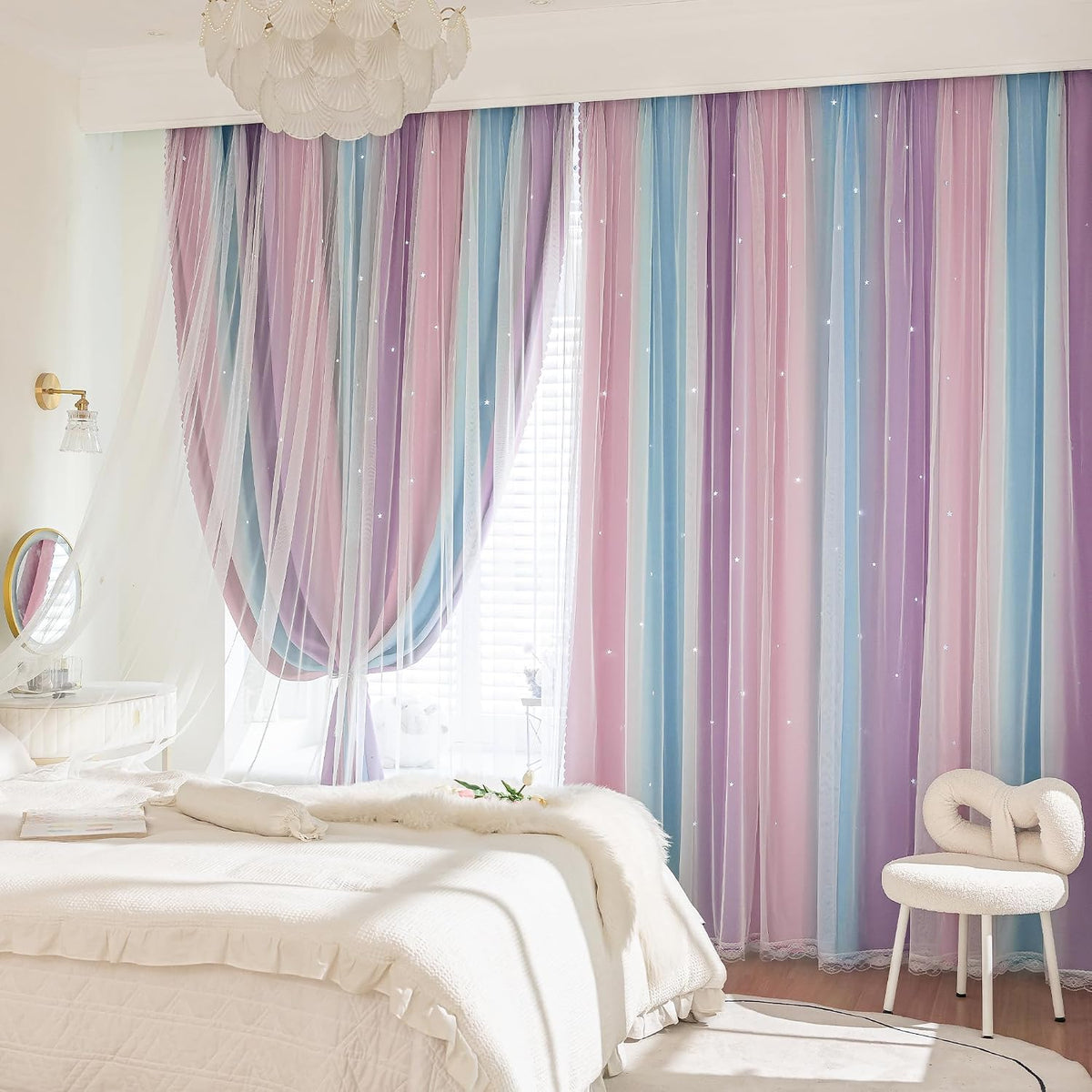 XiDi Blackout Curtains for Girls Bedroom Decor Pink Kids Rainbow Curtains