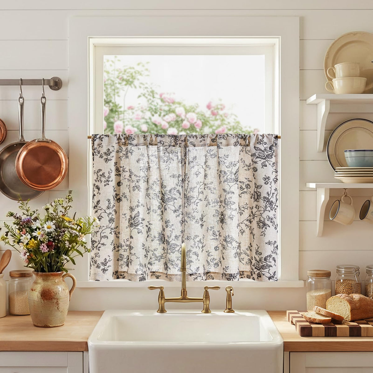 jinchan Floral Linen Kitchen Tier Curtains, 24 Inch, 2 Panels, Green