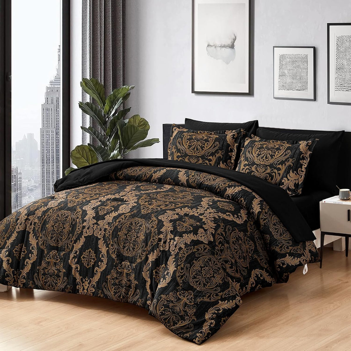 WONGS BEDDING Black Comforter Set Queen Size, Gold Damask Texture 7 Pieces Bed in a Bag Microfiber Comforter Bedding Sets -1 Comforter, 1 Flat Sheet, 1 Fitted Sheet, 2 Pillow Shams, 2 Pillowcases