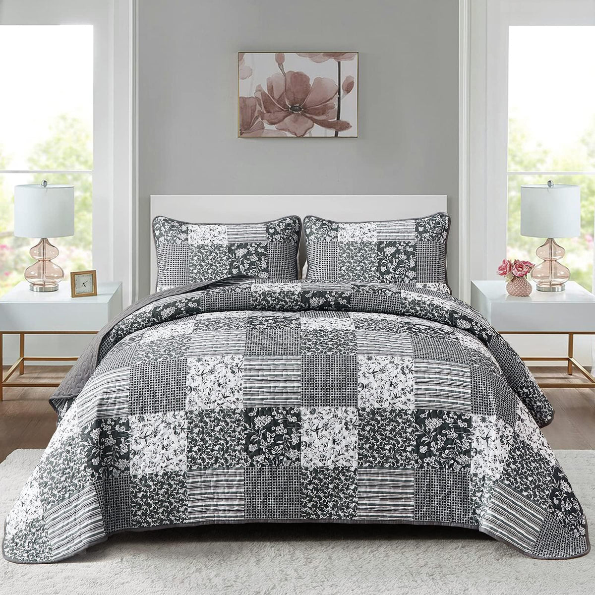 Mybedsoul Boho Quilts Queen Size, Patchwork Floral Bedding Set, Blue