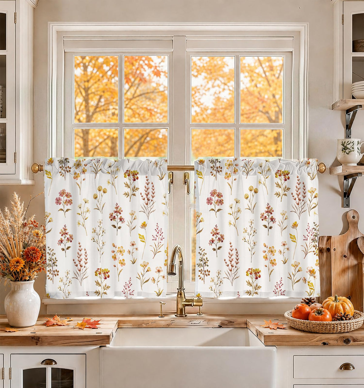 Miss Adola 36 Inch Length Kitchen Tier Curtains Pumpkin Leaf Cafe Curtains