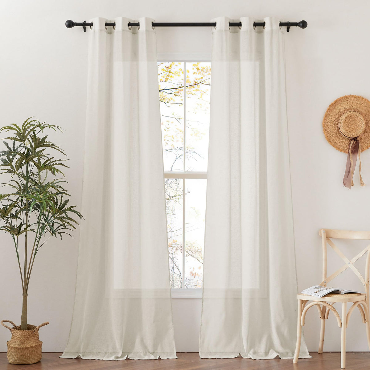 NICETOWN Semi Sheer Linen Ivory Curtains for Bedroom, W52xL84, 2 Panels