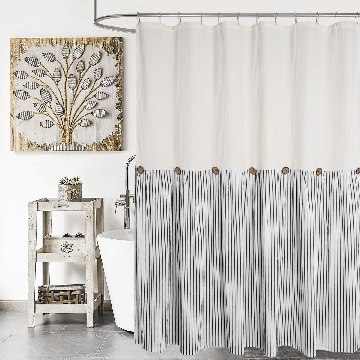 DOSLY IDÉES Farmhouse Shower Curtain,Beige and Gray Stripe,Button Curtain,Linen and Cotton Woven Fabric,Rustic Charm Country Chic Style,72x72 in