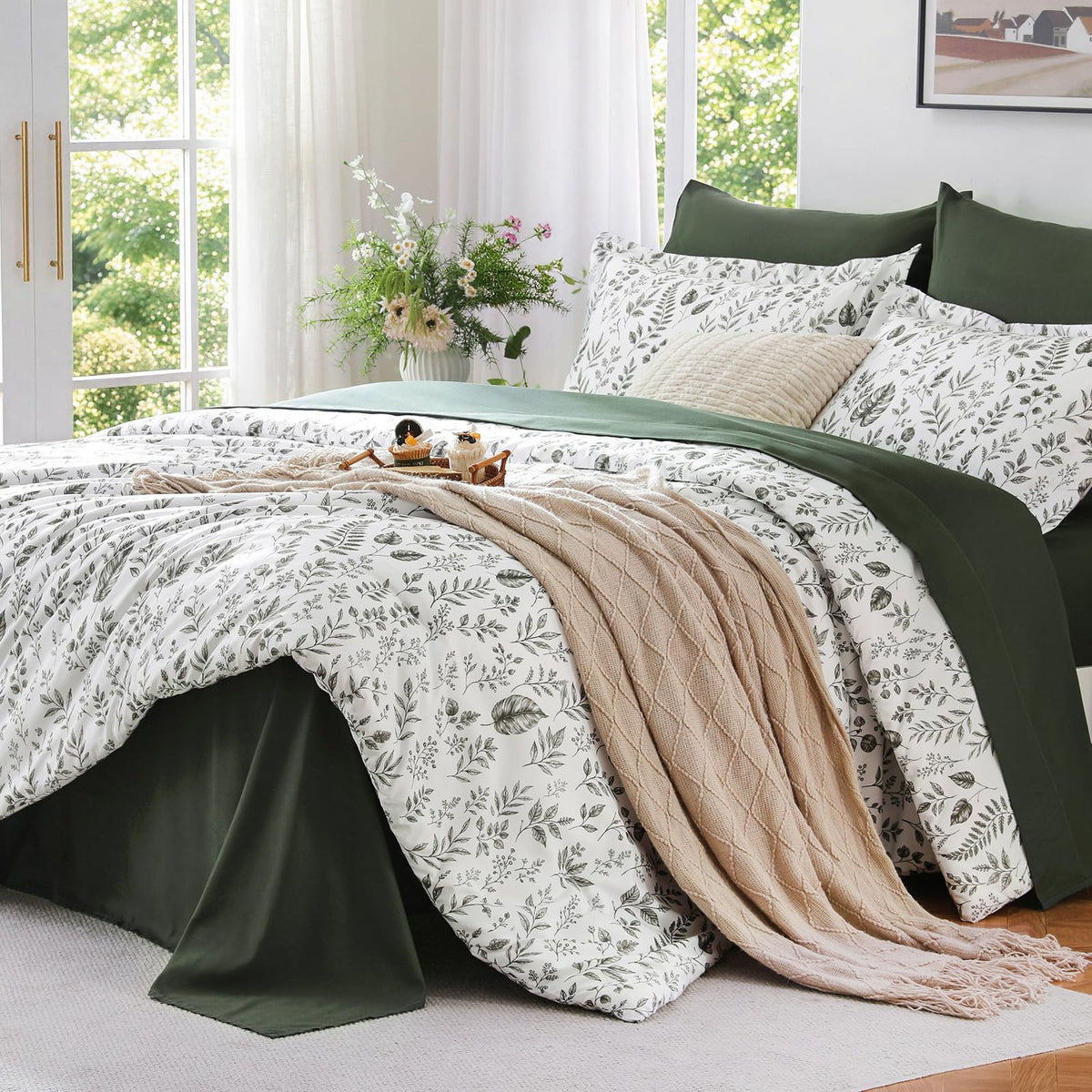 MUXHOMO Queen Comforter Set, 7-Piece Floral Bed in a Bag, Sage Green