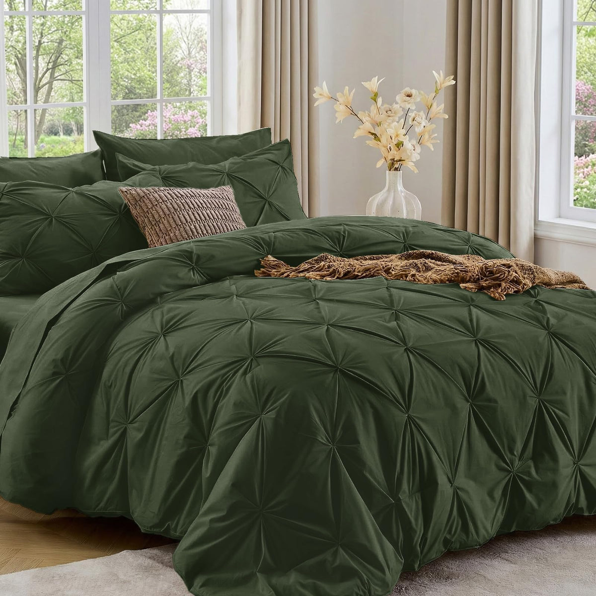 Sasttie Full Size Comforter Set, 7-Piece Bed in a Bag Double, Pintuck Bedding Set for All Season, Includes Comforter, Flat Sheet, Fitted Sheet, Pillowcases and Pillowshams, Beige