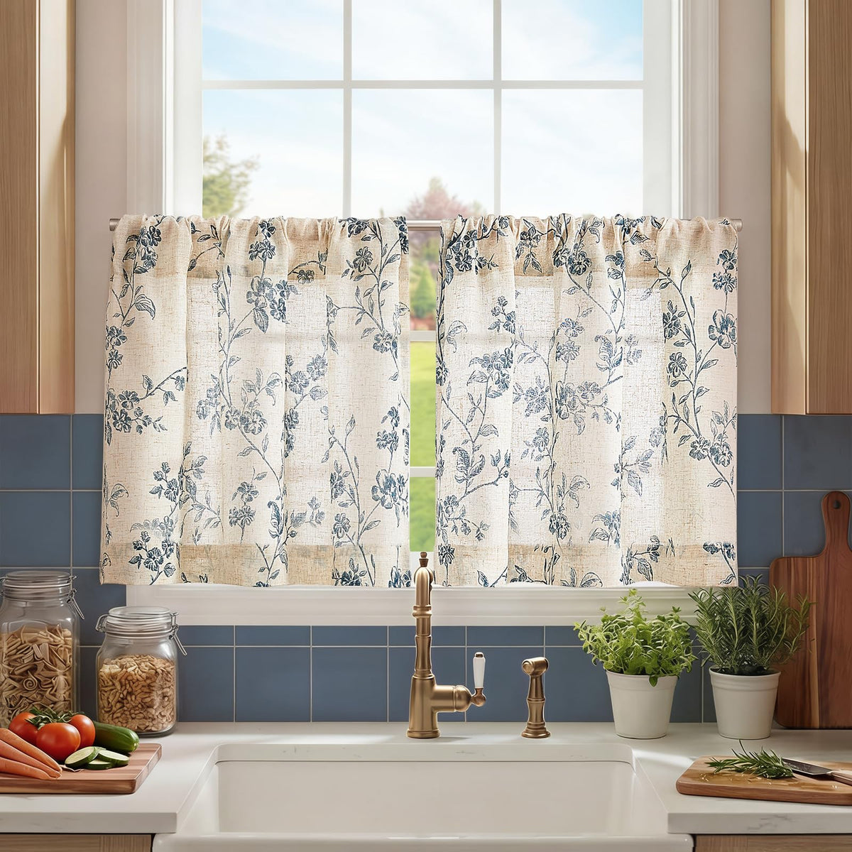 jinchan Floral Linen Kitchen Tier Curtains, 24 Inch, 2 Panels, Green