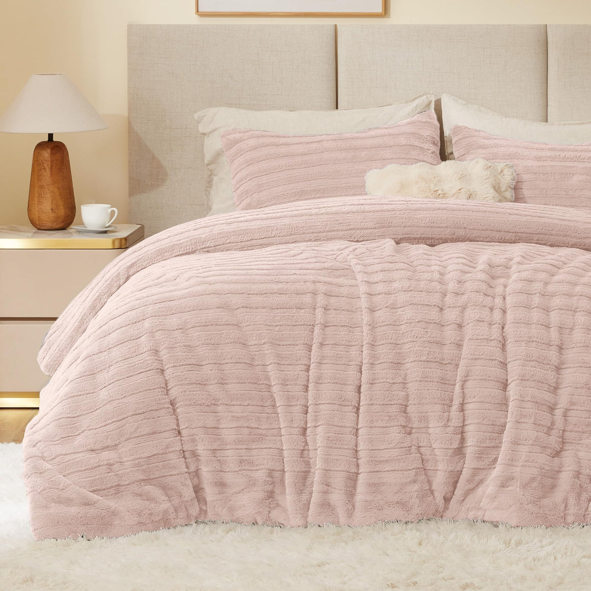 BEDELITE Fleece Queen Comforter Set, Fluffy Bed Set, Pink