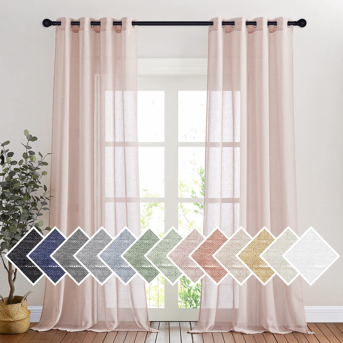 NICETOWN Semi Sheer Linen Ivory Curtains for Bedroom, W52xL84, 2 Panels