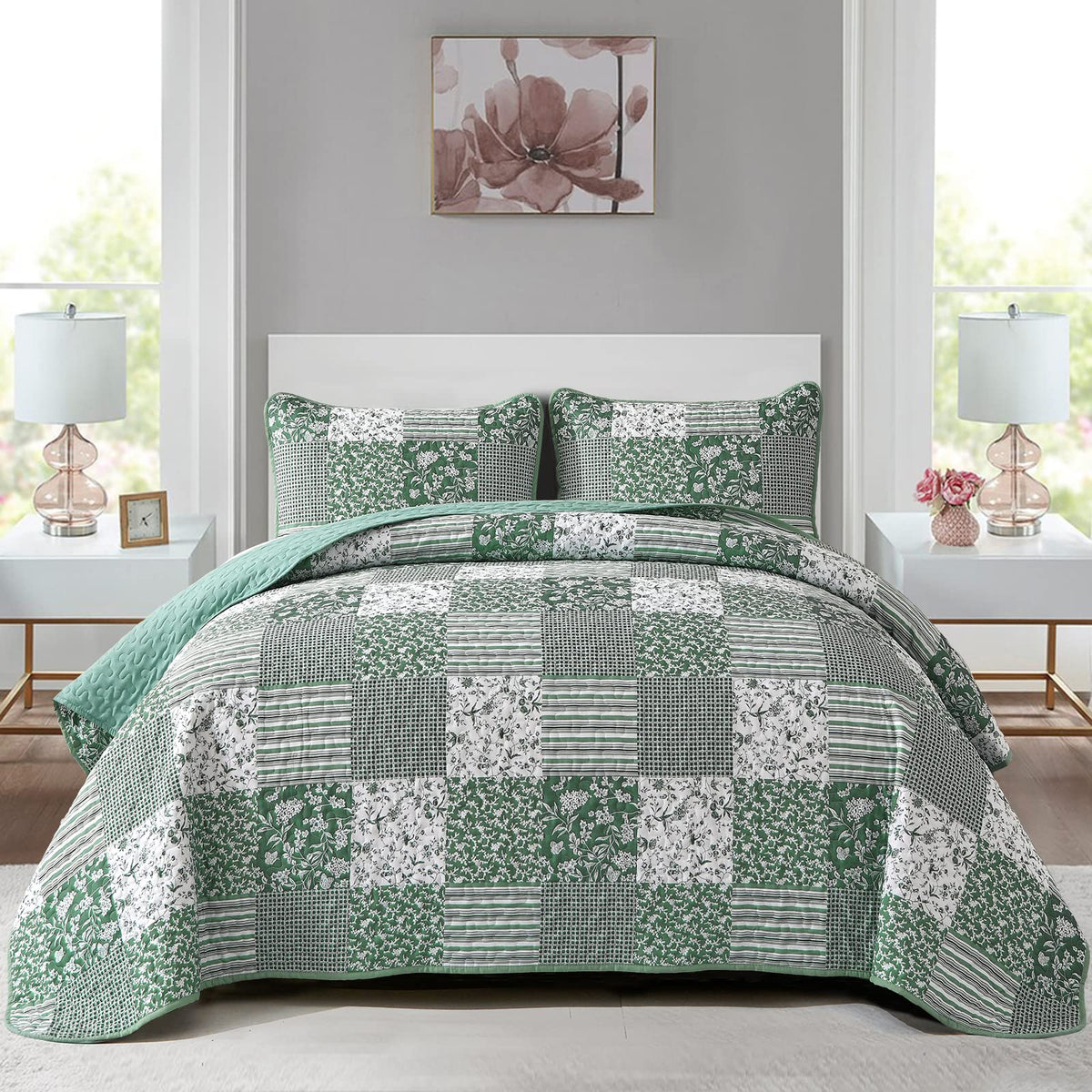 Mybedsoul Boho Quilts Queen Size, Patchwork Floral Bedding Set, Blue