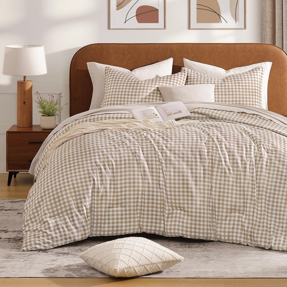 Andency Tan Gingham Comforter Set Twin, Brown Checkered Grid Plaid Bedding