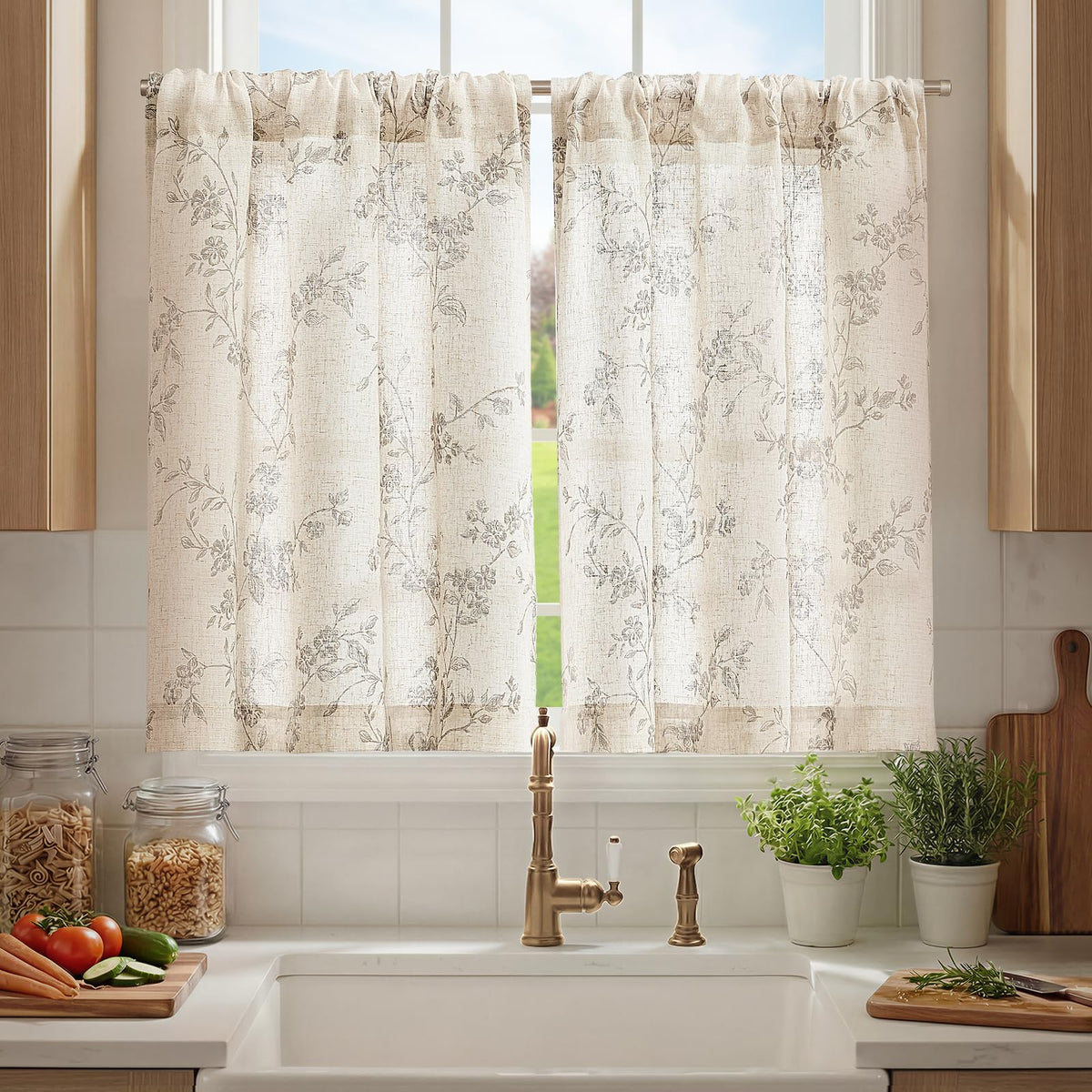 jinchan Floral Linen Kitchen Tier Curtains, 24 Inch, 2 Panels, Green