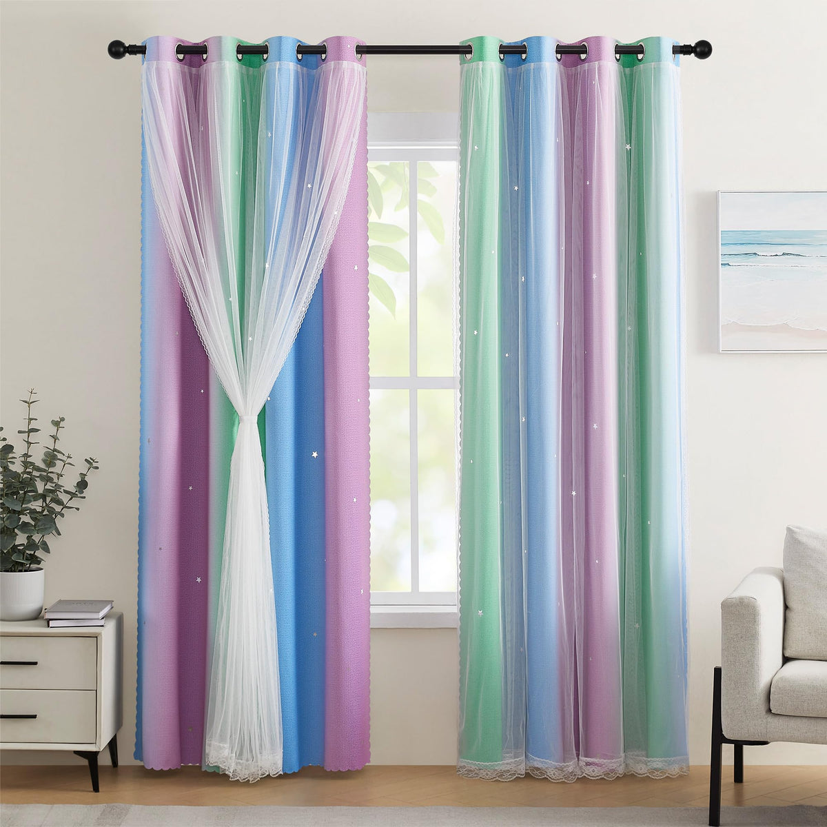 XiDi Blackout Curtains for Girls Bedroom Decor Pink Kids Rainbow Curtains