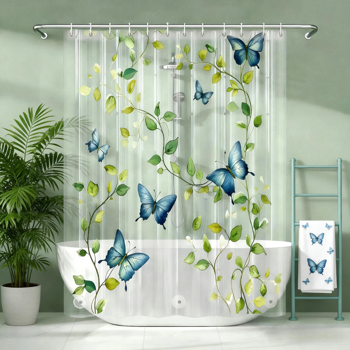 Clear Green Ivy Leaves Shower Curtain Liner, Transparent Plastic Nature Green Botanical Leaf Decorative Waterproof Shower Curtains for Bathroom, 72x72 Weighted Magnetic Shower Curtain Liner with Hooks