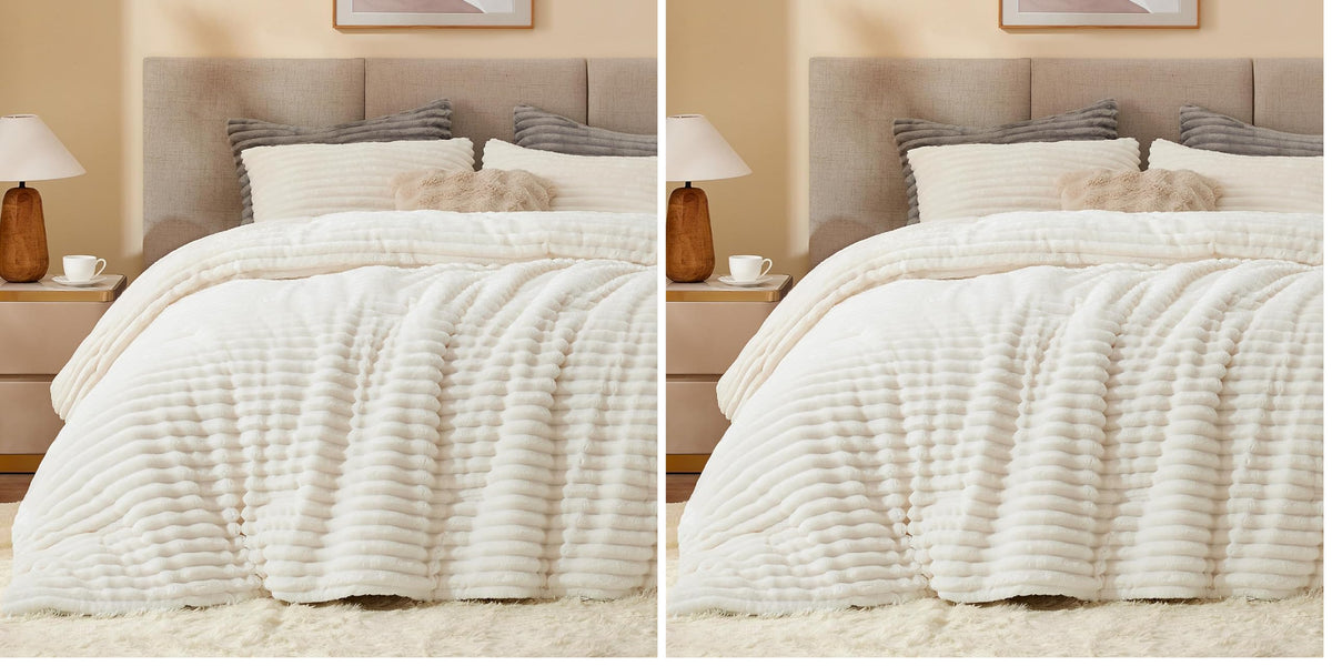 BEDELITE Fleece Full Comforter Set, Fluffy Bed Set, Cream White