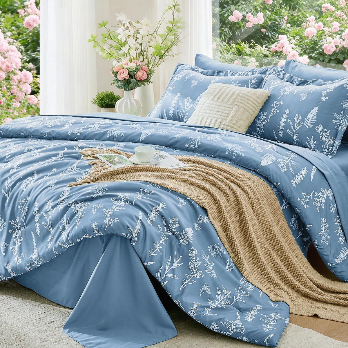 MUXHOMO Queen Comforter Set, 7-Piece Floral Bed in a Bag, Sage Green