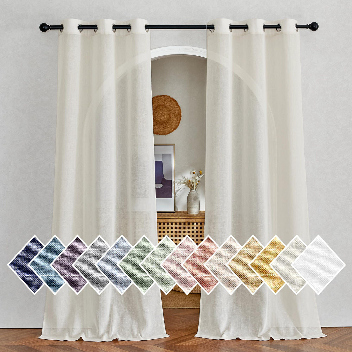 NICETOWN Semi Sheer Linen Ivory Curtains for Bedroom, W52xL84, 2 Panels