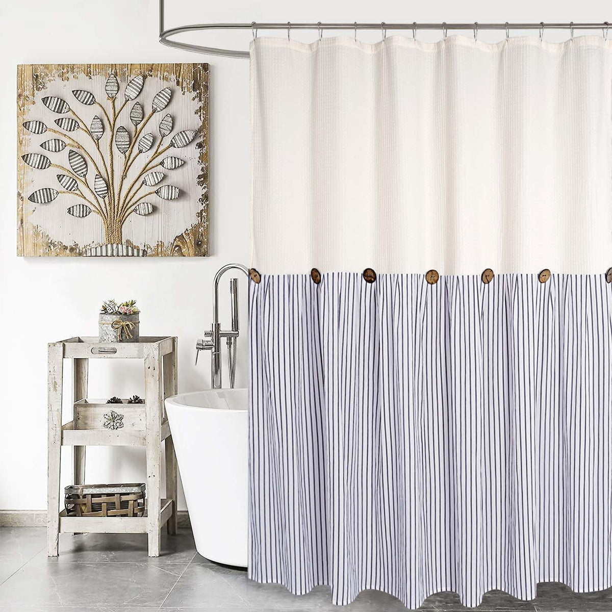 DOSLY IDÉES Farmhouse Shower Curtain,Beige and Gray Stripe,Button Curtain,Linen and Cotton Woven Fabric,Rustic Charm Country Chic Style,72x72 in