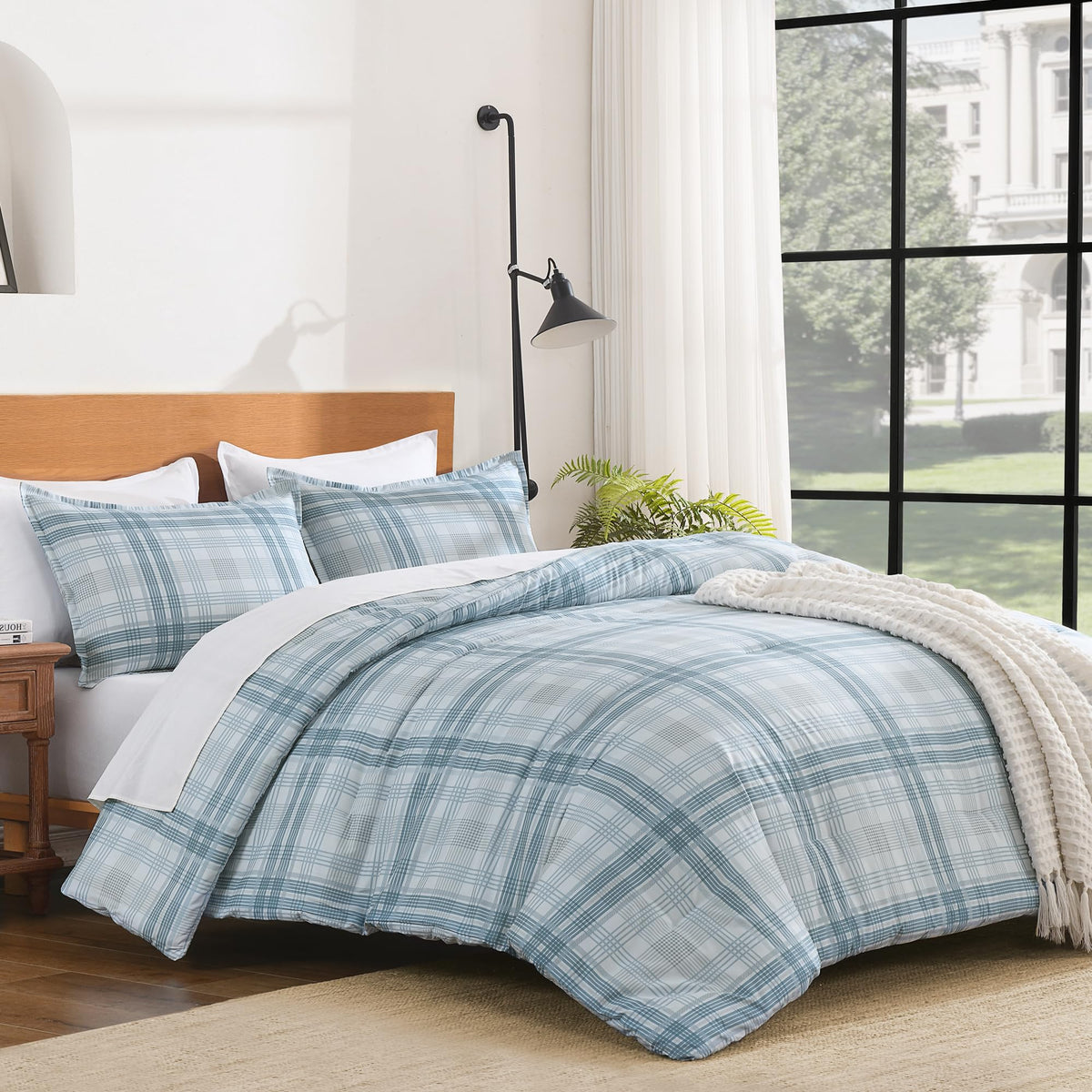 Andency Tan Gingham Comforter Set Twin, Brown Checkered Grid Plaid Bedding