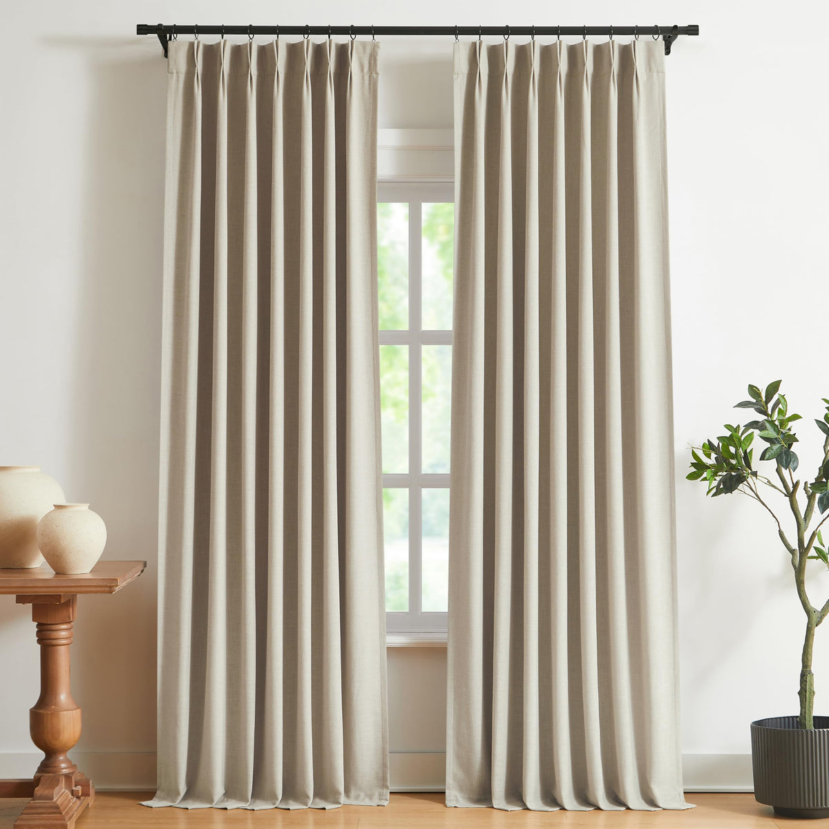 Vision Home Natural Pinch Pleated Full Blackout Curtains Linen Blended Room Darkening Window Curtains 95 inch for Living Room Bedroom Thermal Insulated Pinch Pleat Drapes with Hooks 2 Panel 40"Wx95"L