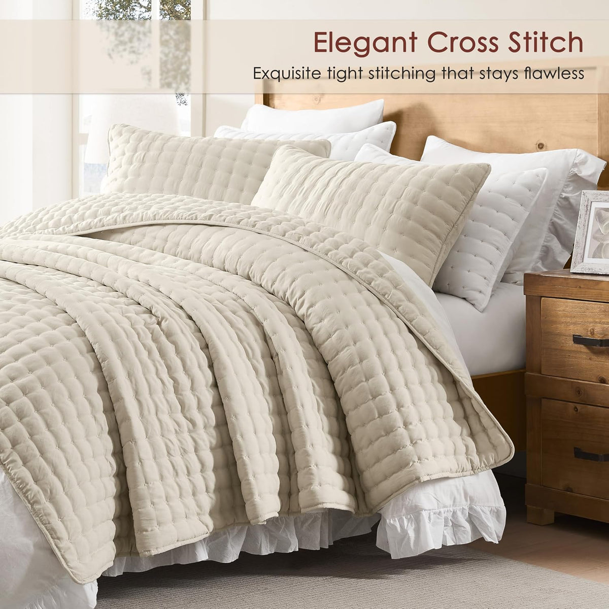 WDCOZY Cloud Soft Quilt Set, King Size, Light Beige, 3 Pieces 104x90 inches