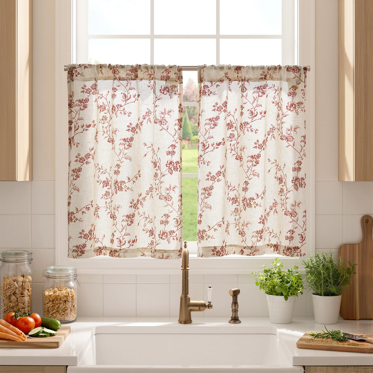 jinchan Floral Linen Kitchen Tier Curtains, 24 Inch, 2 Panels, Green
