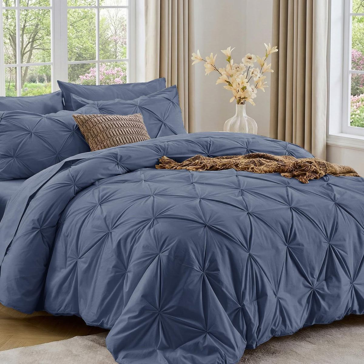 Sasttie Full Size Comforter Set, 7-Piece Bed in a Bag Double, Pintuck Bedding Set for All Season, Includes Comforter, Flat Sheet, Fitted Sheet, Pillowcases and Pillowshams, Beige
