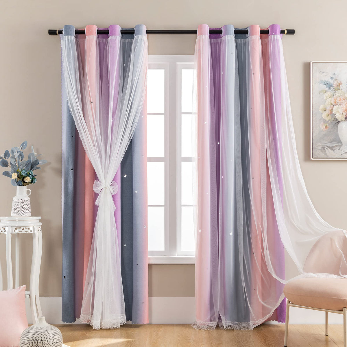 XiDi Blackout Curtains for Girls Bedroom Decor Pink Kids Rainbow Curtains
