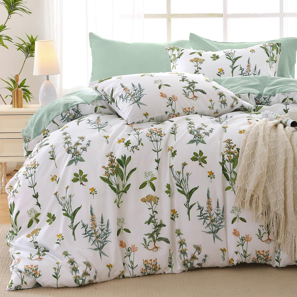 MUXHOMO Queen Comforter Set, 7-Piece Floral Bed in a Bag, Sage Green