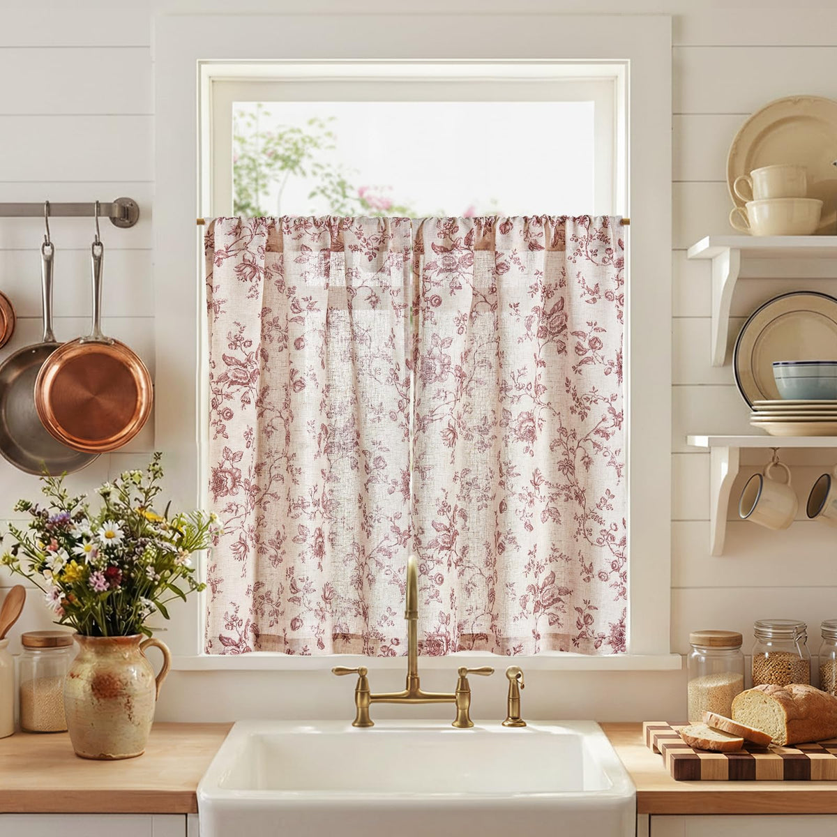 jinchan Floral Linen Kitchen Tier Curtains, 24 Inch, 2 Panels, Green