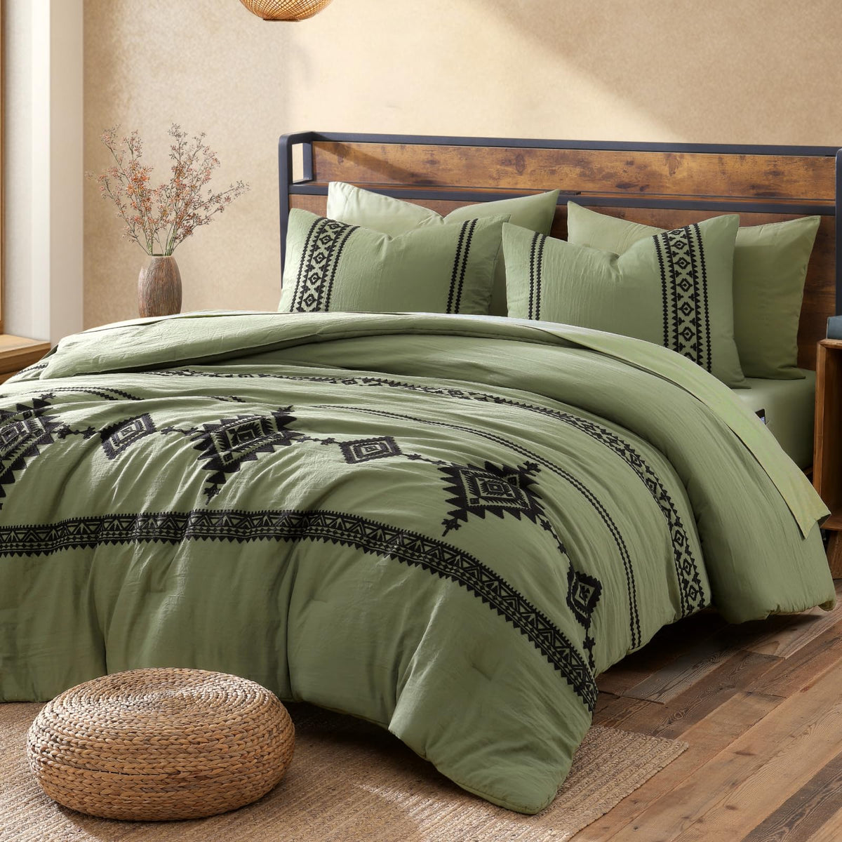 MaiRêve Embroidery Queen Comforter Set 7 Pieces Burnt Orange Bed in a Bag