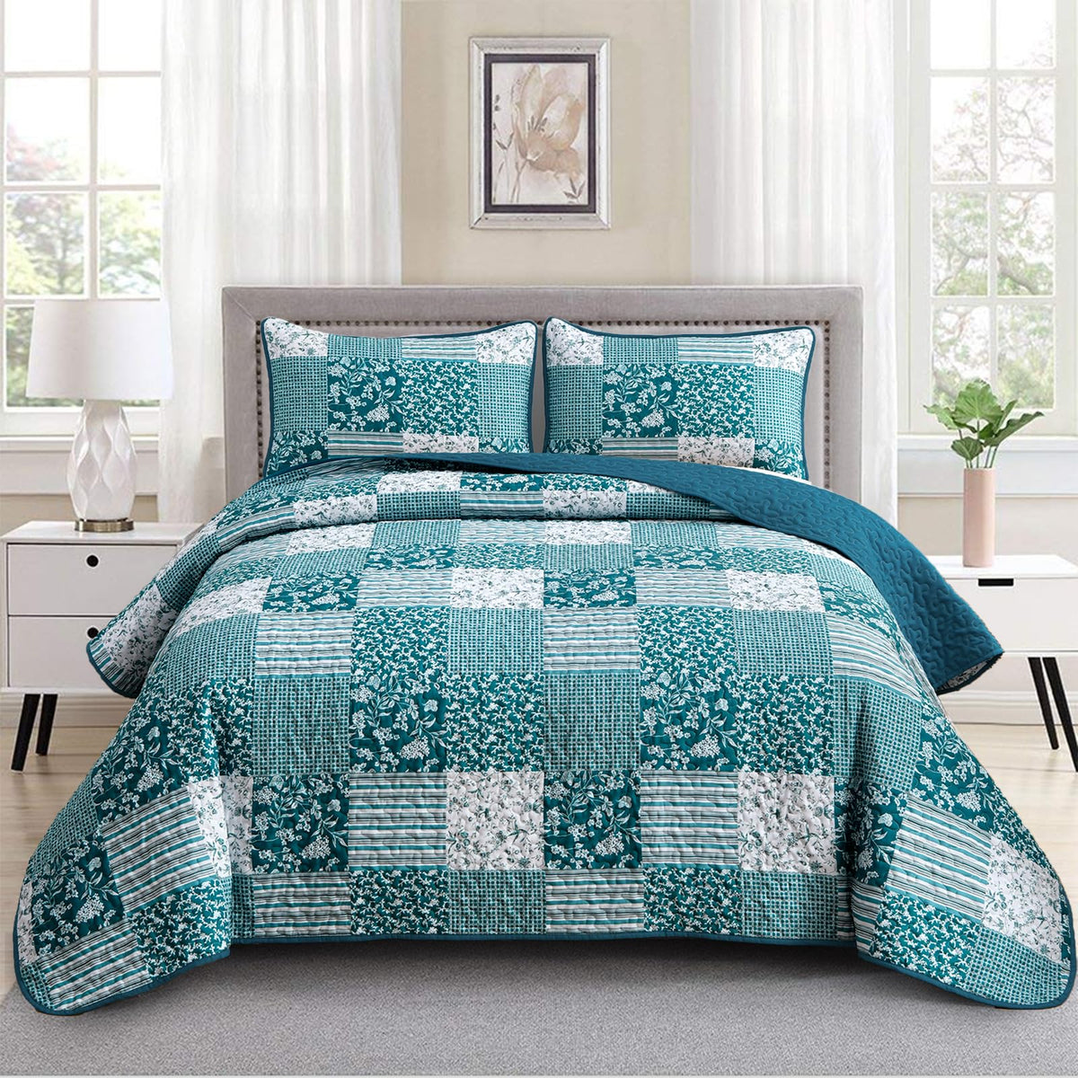 Mybedsoul Boho Quilts Queen Size, Patchwork Floral Bedding Set, Blue