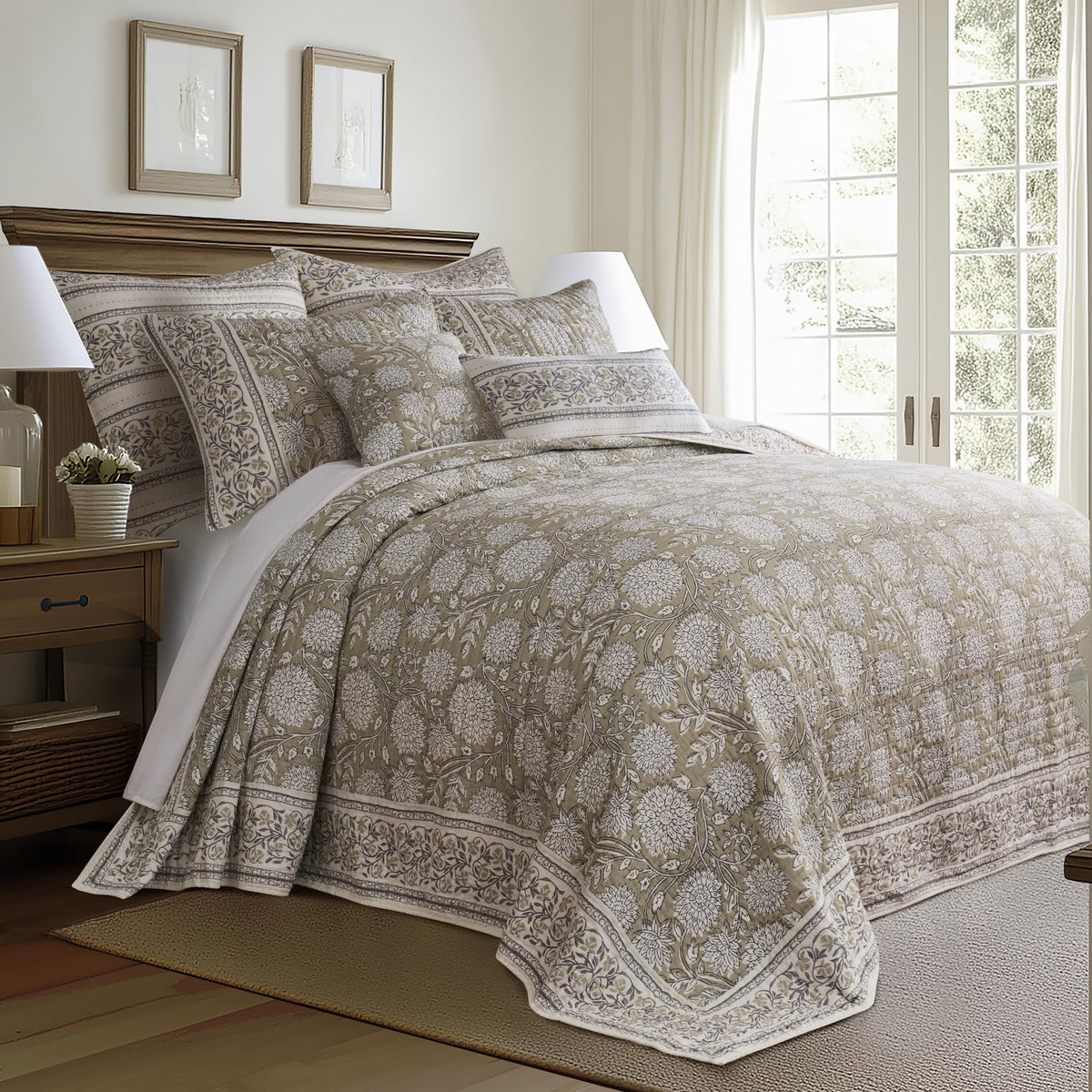 Levtex Home Adare Taupe Reversible King/Cal King Quilt Set (106x92in) and 2 Pillow Shams (36x20in) - Floral Bedding - Taupe White - Cotton King Size Quilt Bedding Set - Lightweight, Soft, Pre-Washed