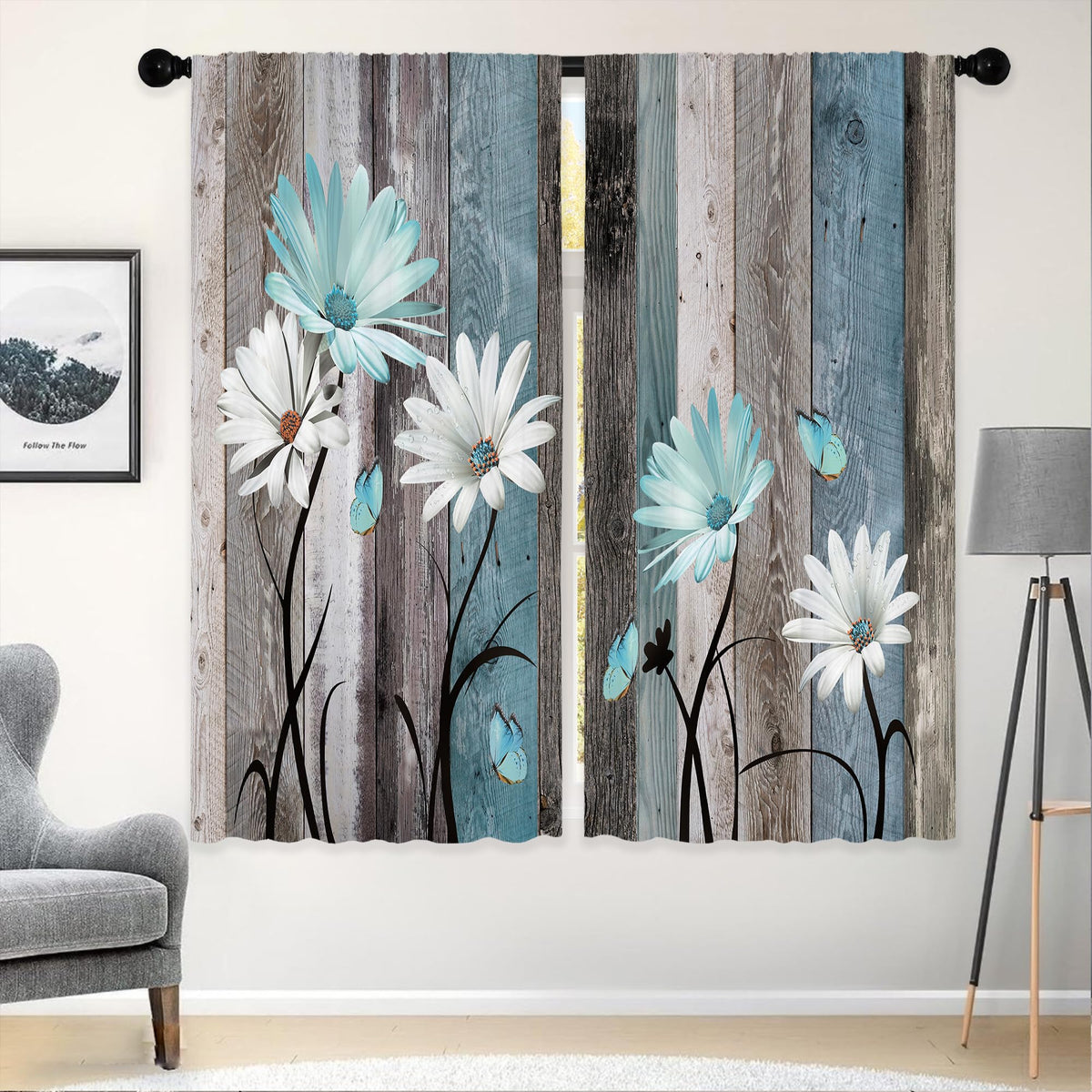 Teal Farmhouse Daisy Kitchen Curtains Wooden Flower Small Short Cafe Window Curtains Rustic Floral Butterfly Country Bathroom Drapes Treatment Tier Curtains 2 Panels (27.5x39 Inch)