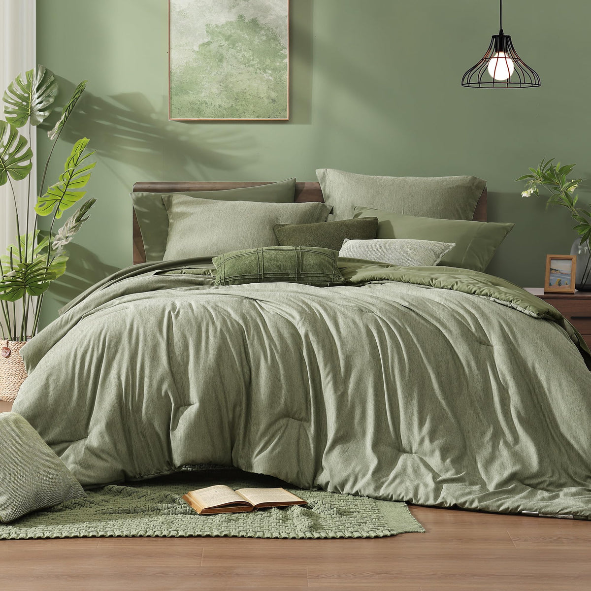 Monbix King Size Comforter Set Olive Green 7 Pieces Bed in a Bag