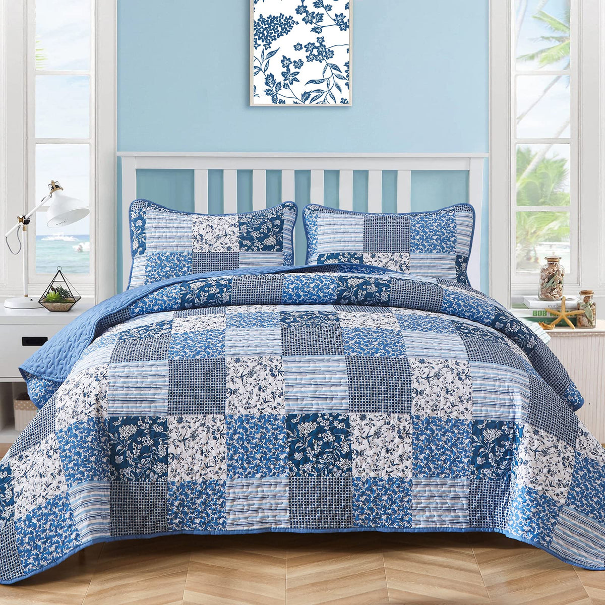 Mybedsoul Boho Quilts Queen Size, Patchwork Floral Bedding Set, Blue